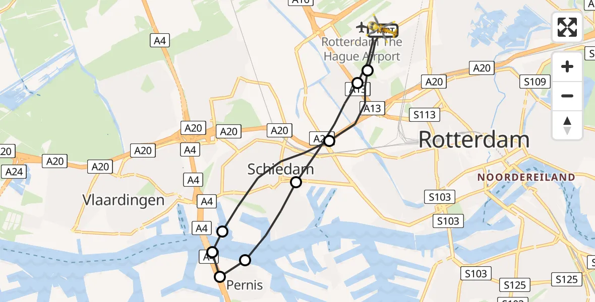 Vluchtroute Traumahelikopter Rotterdam The Hague Airport - Rotterdam The Hague Airport, 25 april 2023, 03:44