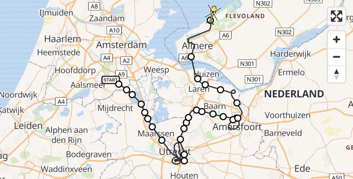 Routekaart van de vlucht: Politieheli naar Lelystad