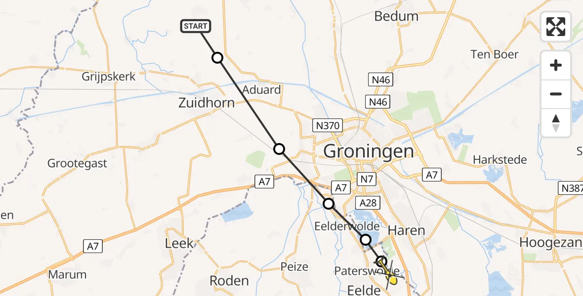 Routekaart van de vlucht: Ambulancehelikopter naar Eelde