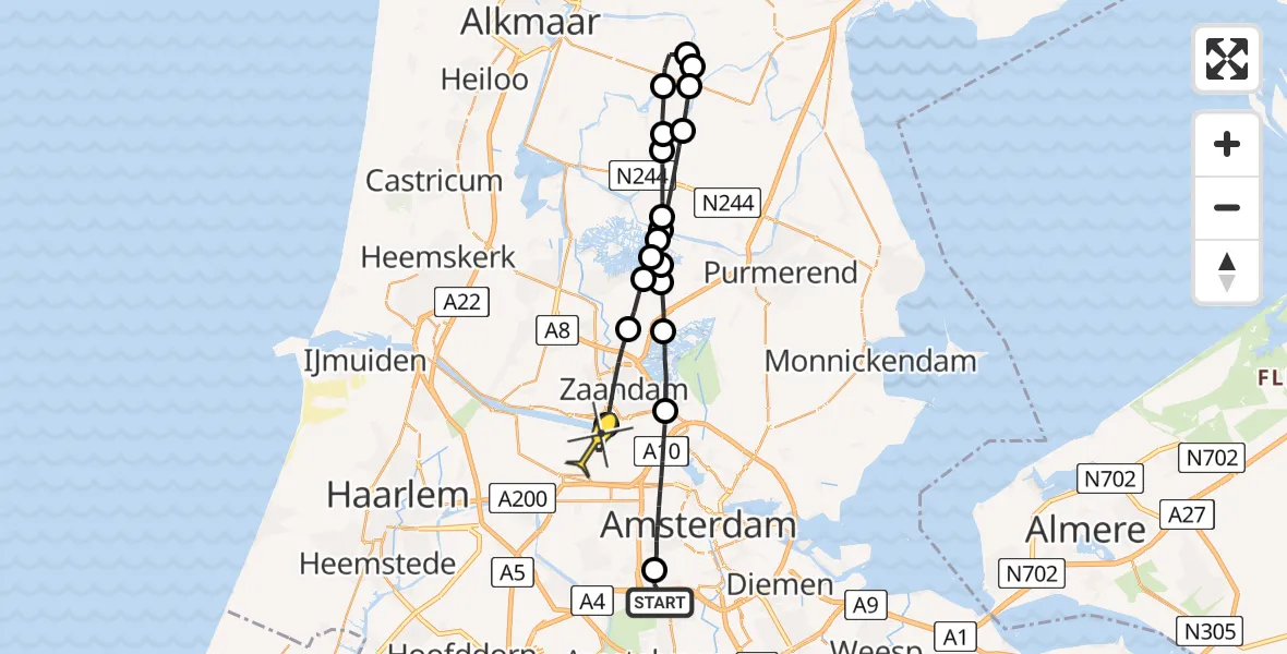 Routekaart van de vlucht: Lifeliner 1 naar Amsterdam Heliport