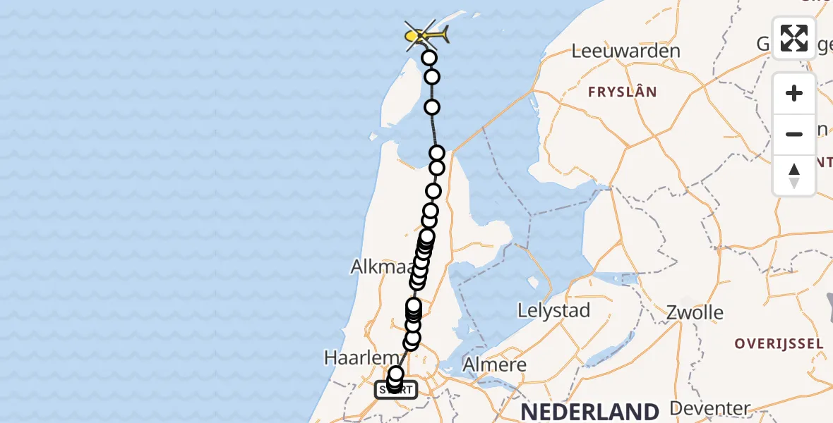 Routekaart van de vlucht: Politiehelikopter naar Vlieland