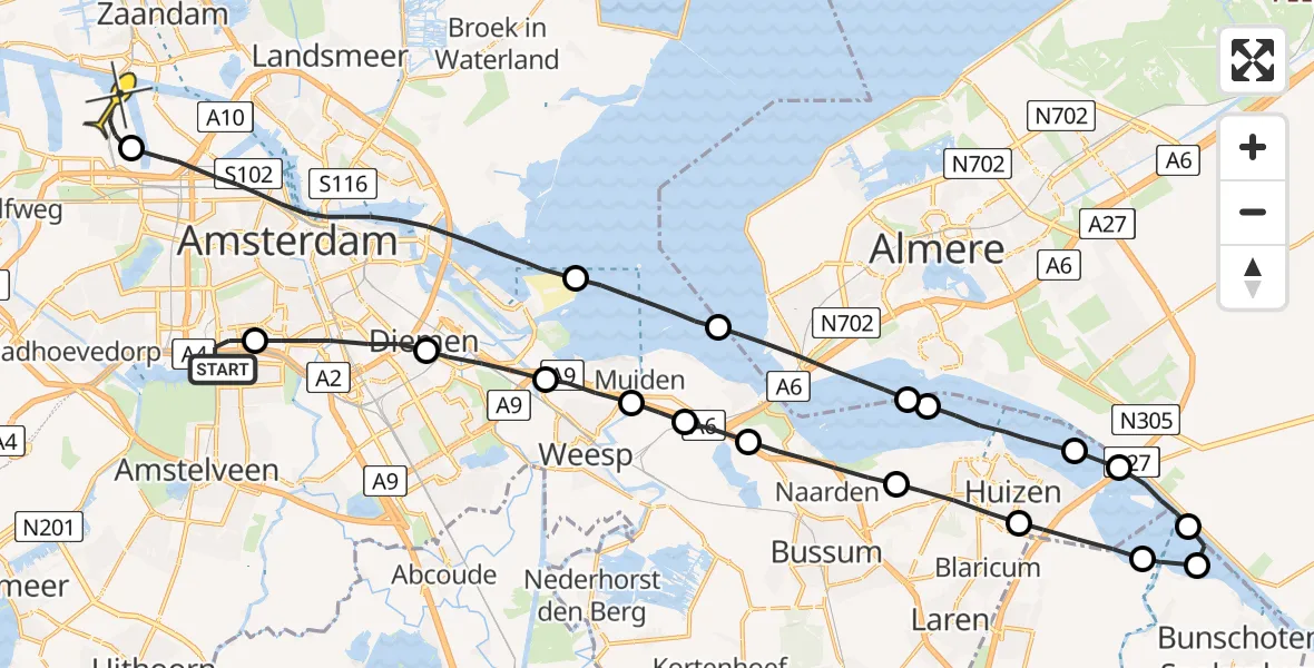 Routekaart van de vlucht: Lifeliner 1 naar Amsterdam Heliport