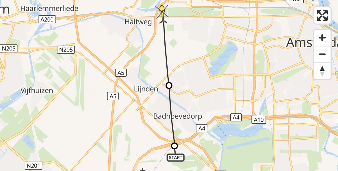 Routekaart van de vlucht: Politieheli naar Amsterdam