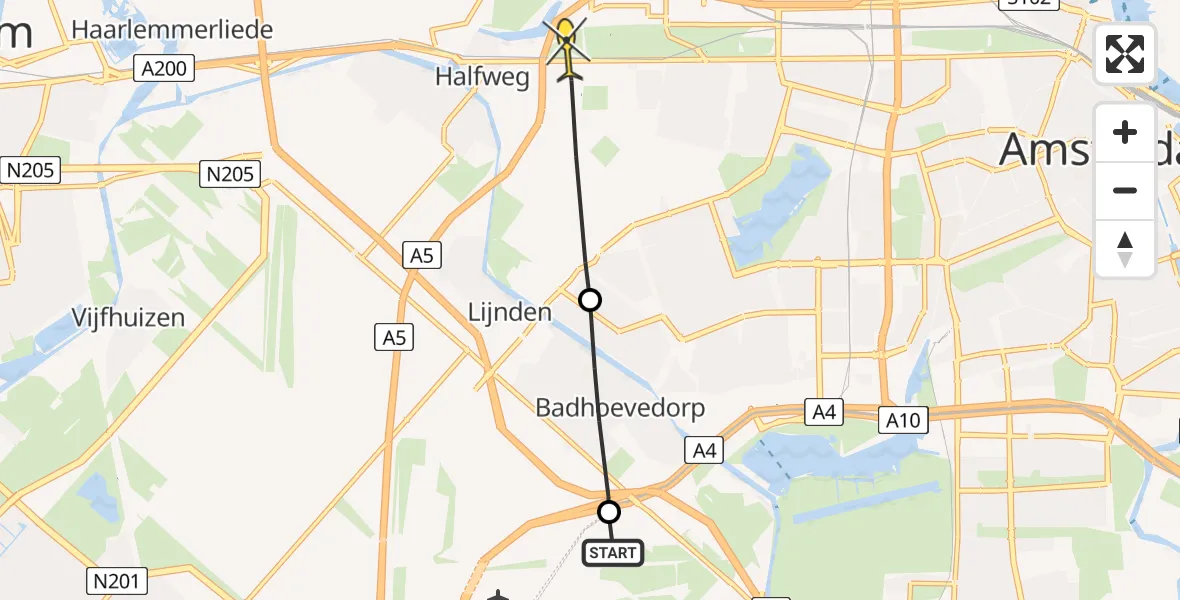 Routekaart van de vlucht: Politiehelikopter naar Amsterdam