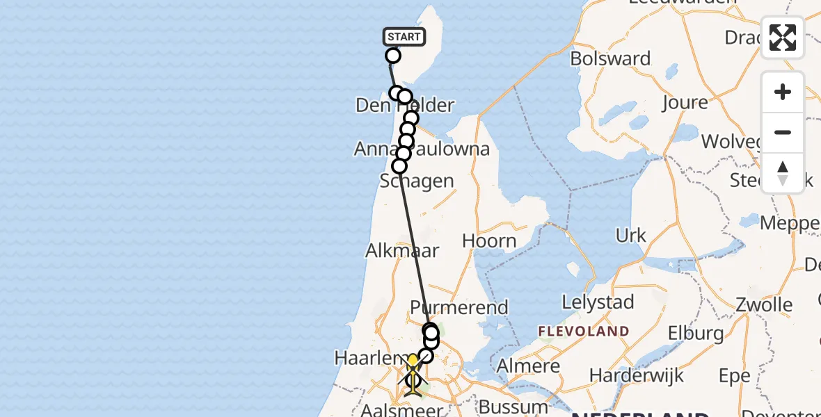 Routekaart van de vlucht: Politiehelikopter naar Amsterdam