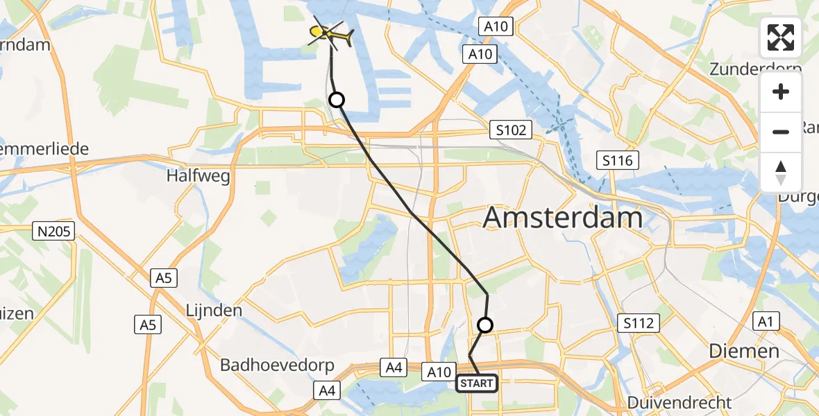 Routekaart van de vlucht: Lifeliner 1 naar Amsterdam Heliport