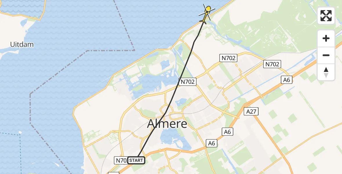 Routekaart van de vlucht: Politiehelikopter naar Lelystad
