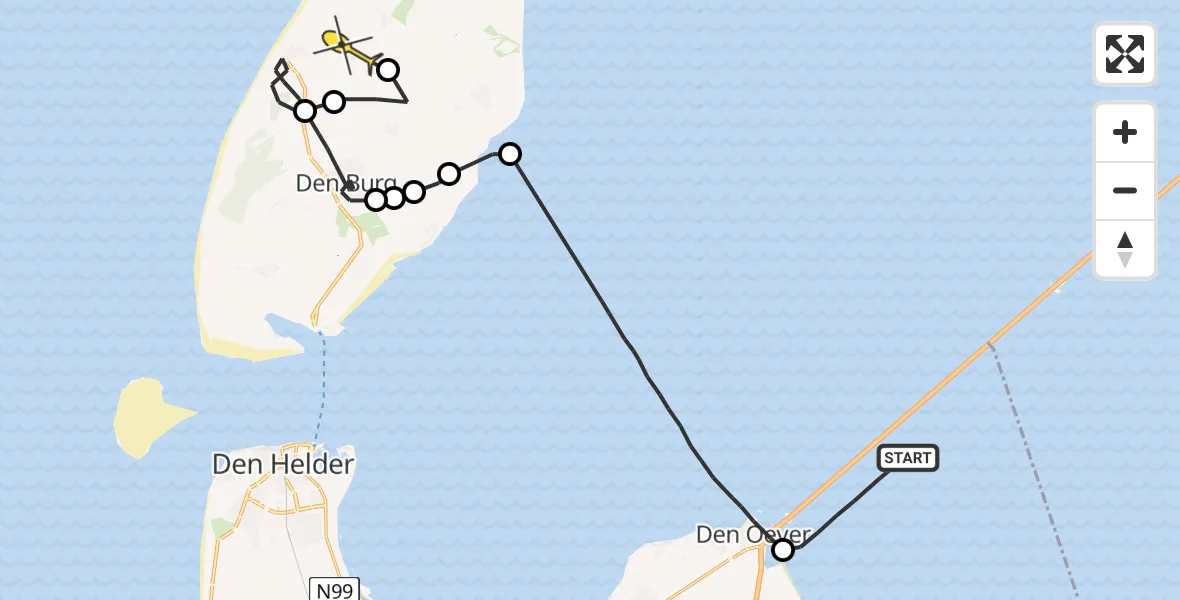 Routekaart van de vlucht: Politieheli naar De Koog