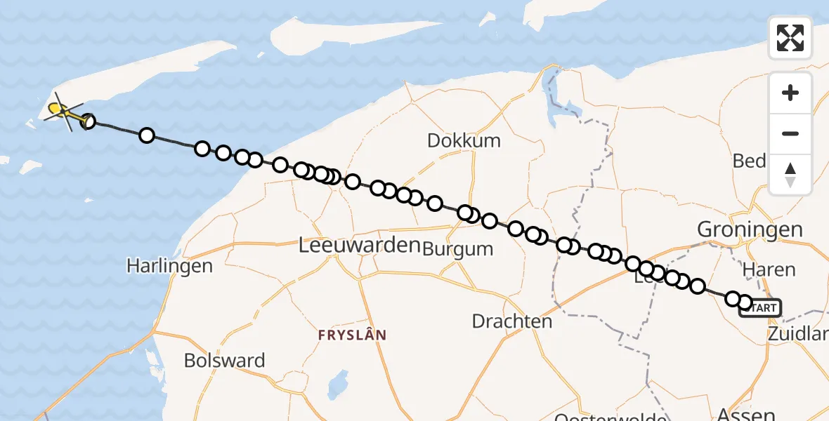 Routekaart van de vlucht: Lifeliner 4 naar West-Terschelling