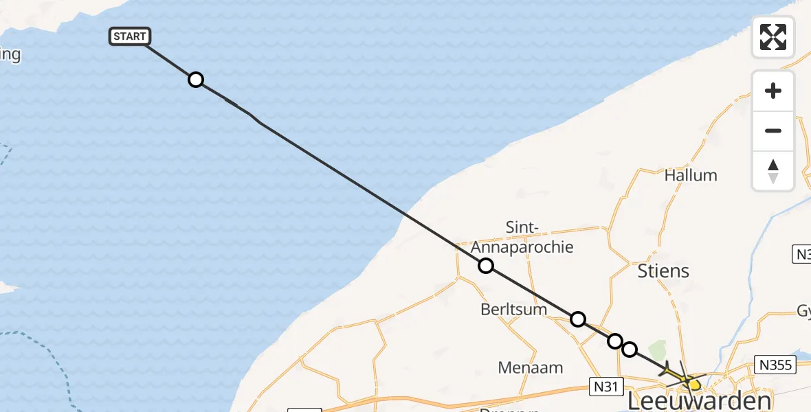Routekaart van de vlucht: Ambulanceheli naar Leeuwarden