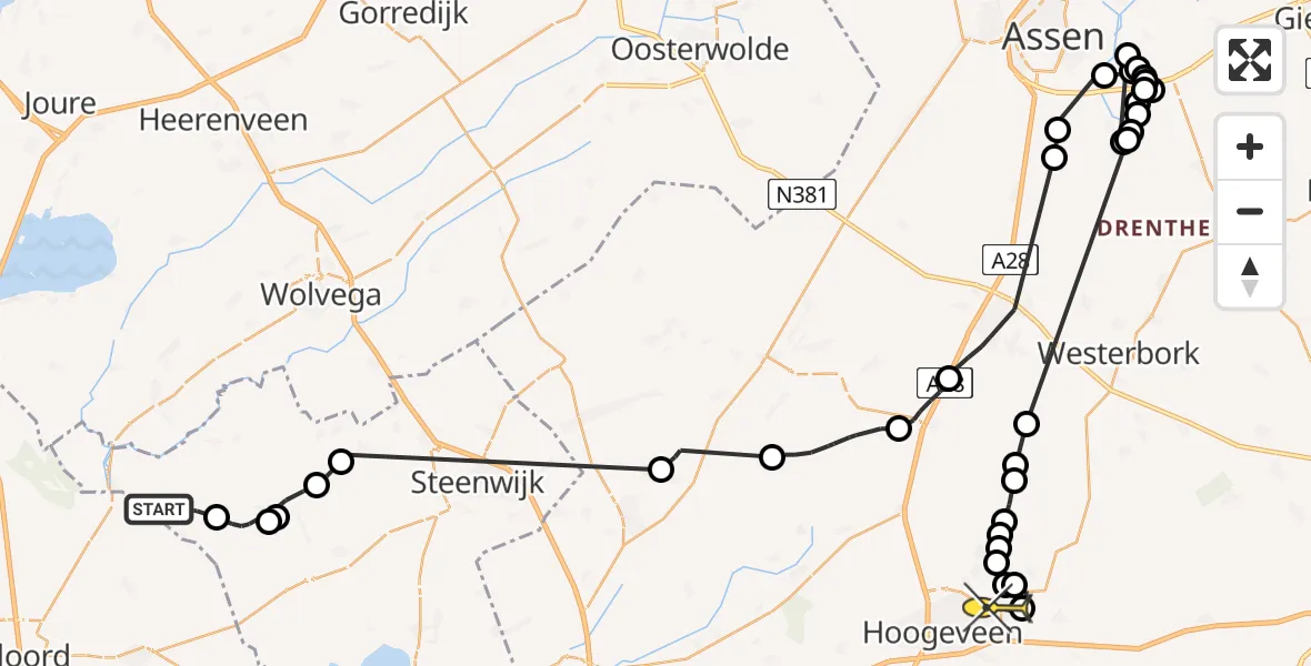 Routekaart van de vlucht: Politieheli naar Vliegveld Hoogeveen