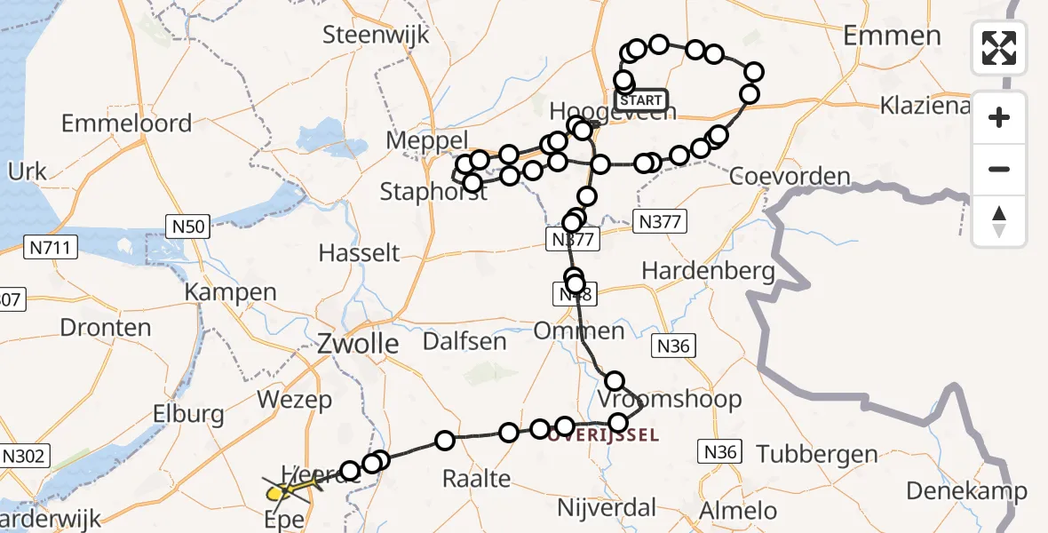 Routekaart van de vlucht: Politieheli naar Heerde