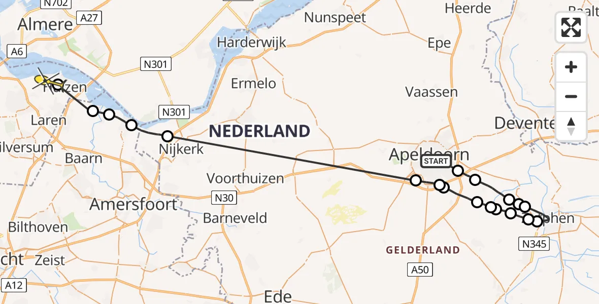 Routekaart van de vlucht: Politiehelikopter naar Huizen