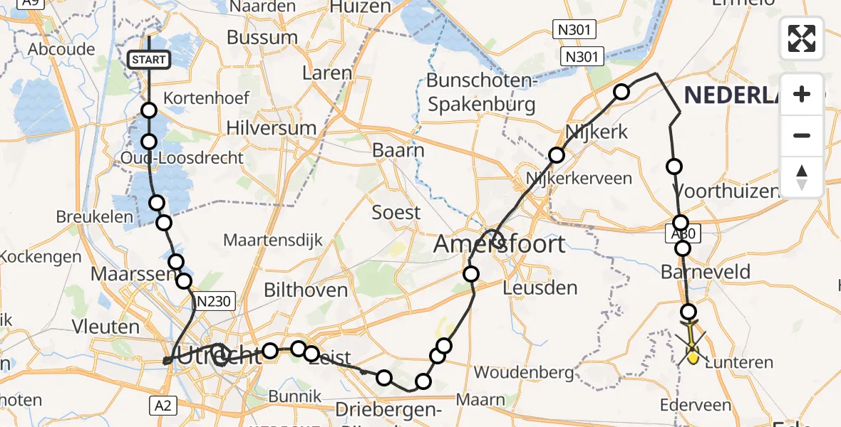 Routekaart van de vlucht: Politieheli naar Lunteren