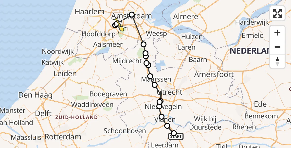 Routekaart van de vlucht: Politieheli naar Amsterdam