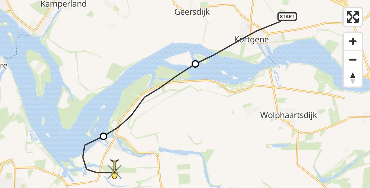 Routekaart van de vlucht: Politiehelikopter naar Vliegveld Midden-Zeeland