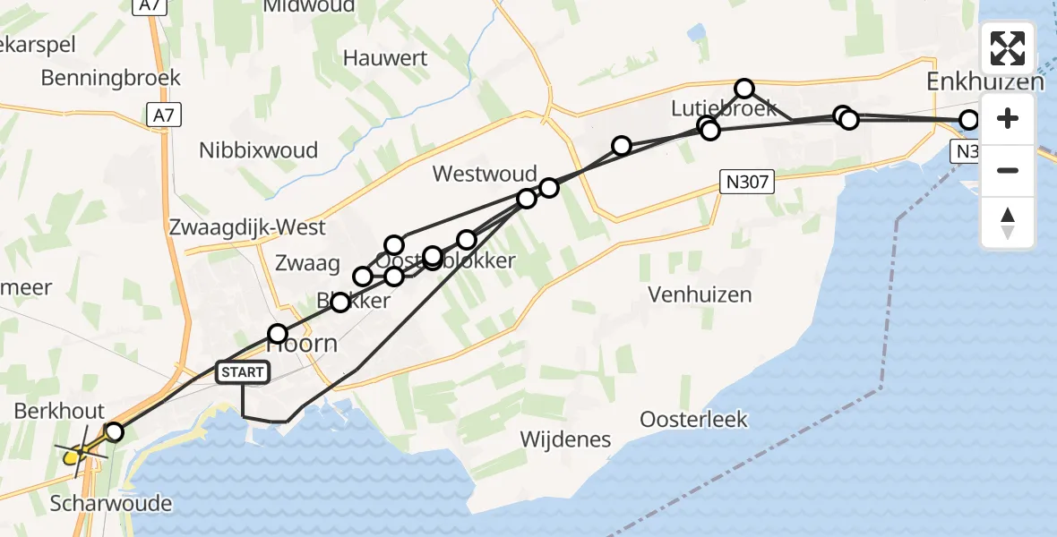 Routekaart van de vlucht: Politiehelikopter naar Berkhout