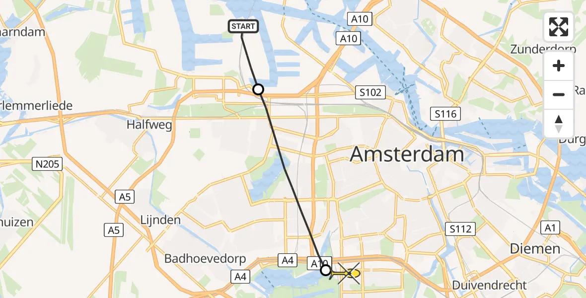 Routekaart van de vlucht: Lifeliner 1 naar VU Medisch Centrum Amsterdam