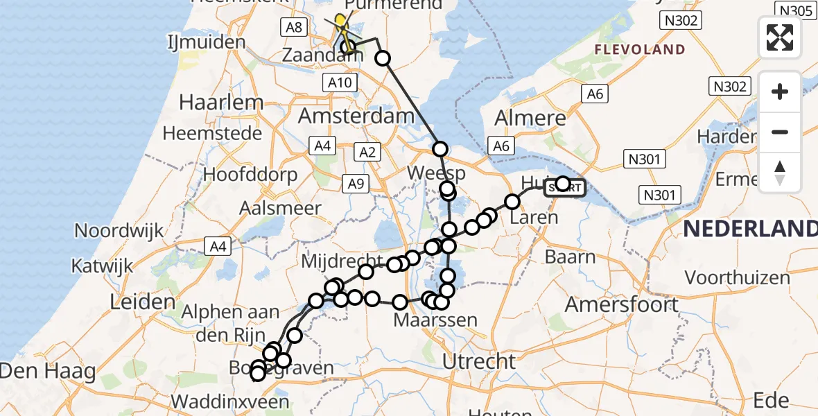 Routekaart van de vlucht: Politieheli naar Oostzaan