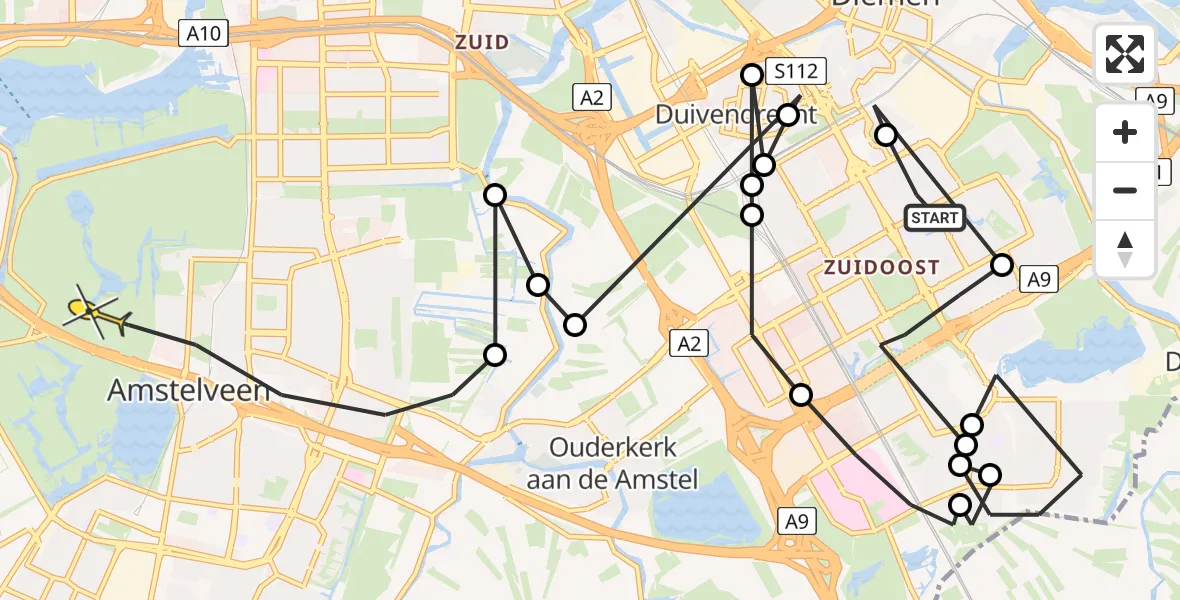 Routekaart van de vlucht: Politieheli naar Amstelveen