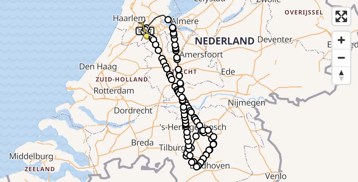 Routekaart van de vlucht: Politieheli naar Schiphol