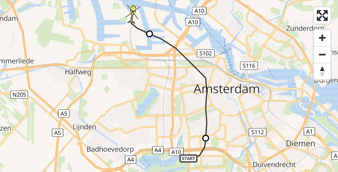 Routekaart van de vlucht: Lifeliner 1 naar Amsterdam Heliport