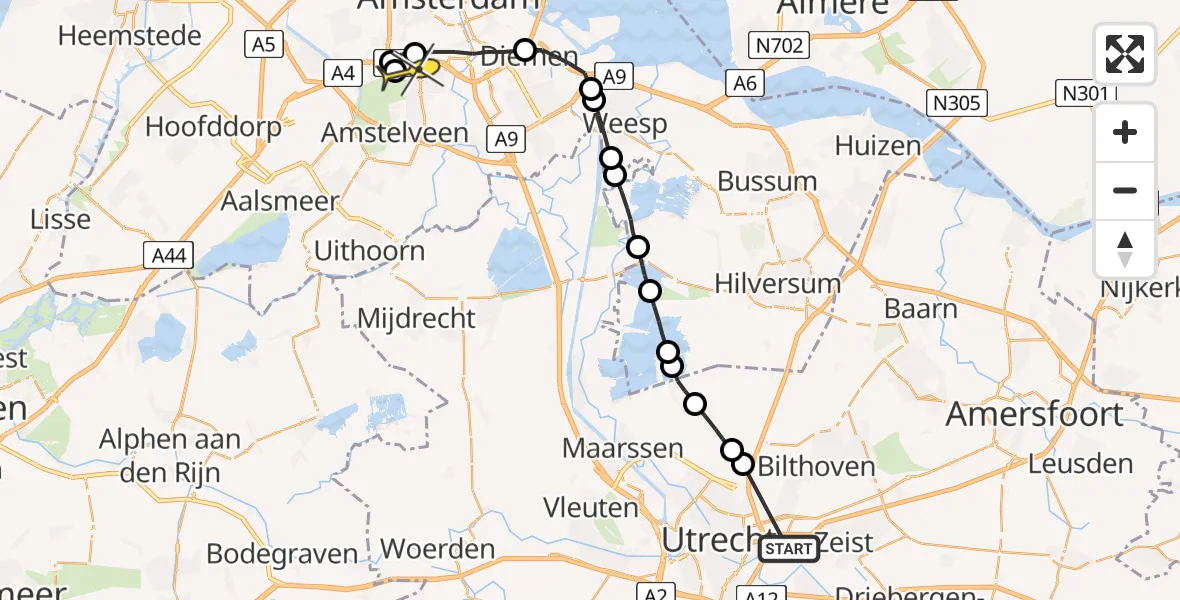 Routekaart van de vlucht: Lifeliner 1 naar VU Medisch Centrum Amsterdam