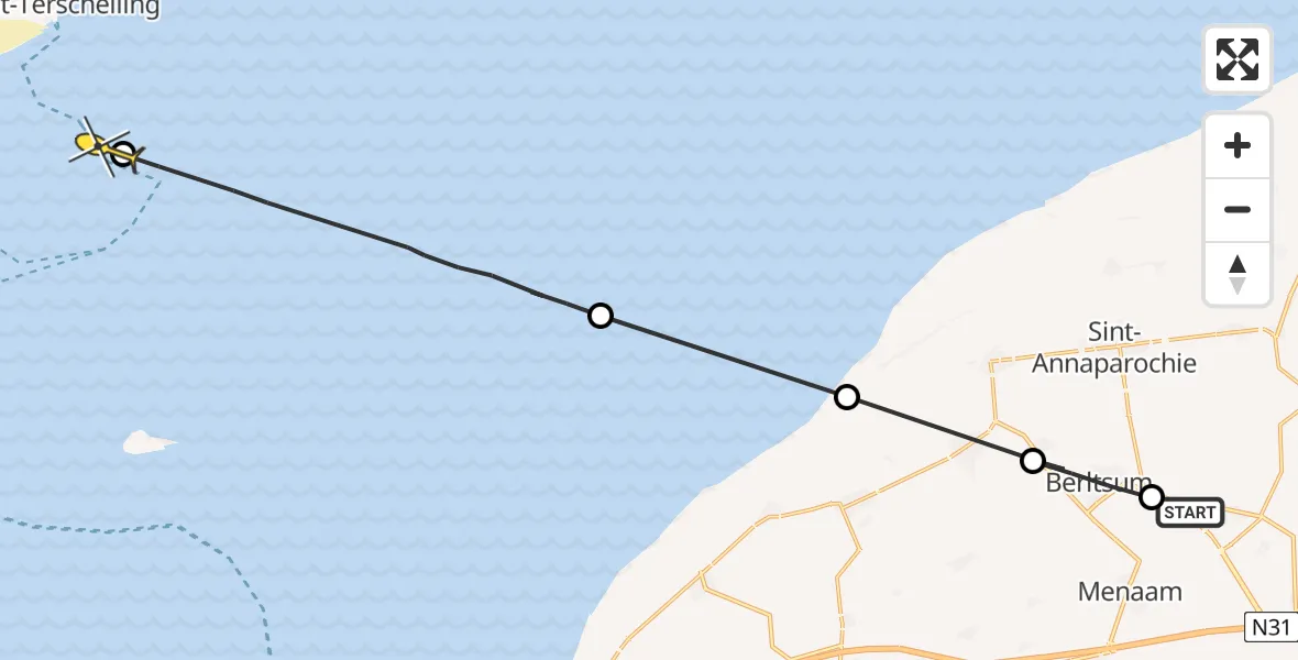 Routekaart van de vlucht: Ambulanceheli naar West-Terschelling