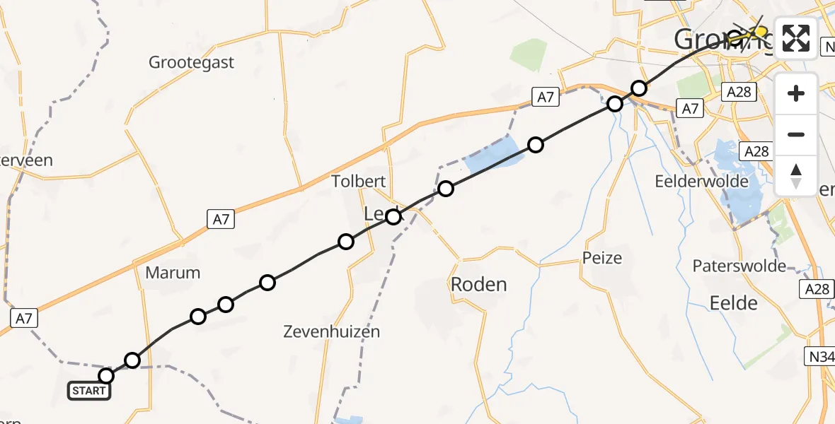 Routekaart van de vlucht: Lifeliner 4 naar Universitair Medisch Centrum Groningen