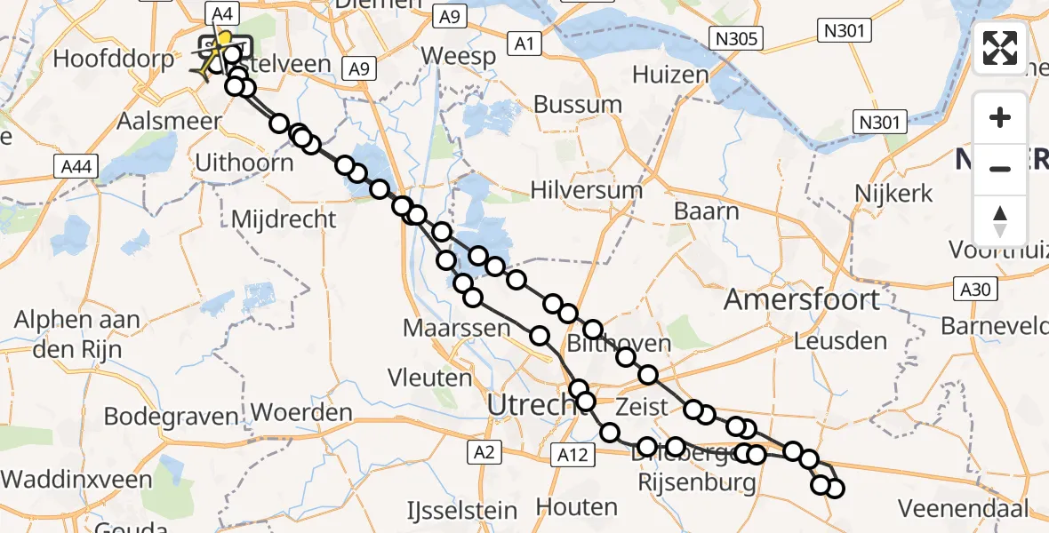 Routekaart van de vlucht: Politieheli naar Schiphol