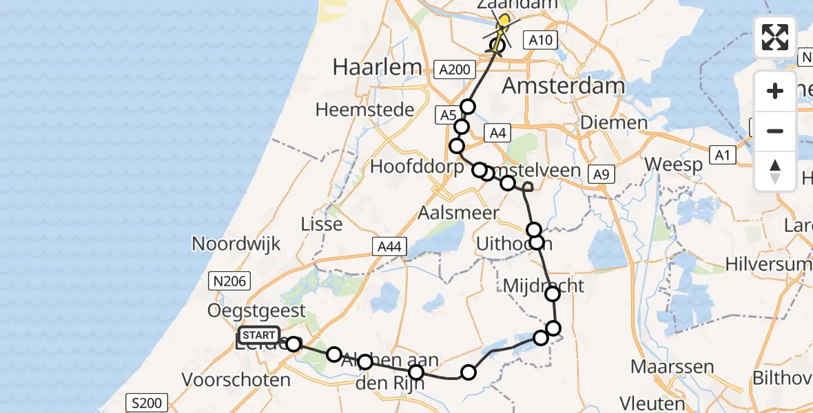 Routekaart van de vlucht: Lifeliner 1 naar Amsterdam Heliport