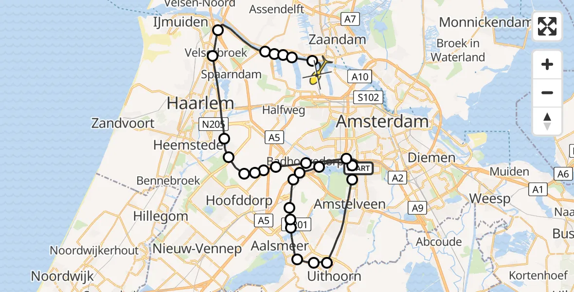 Routekaart van de vlucht: Lifeliner 1 naar Amsterdam Heliport