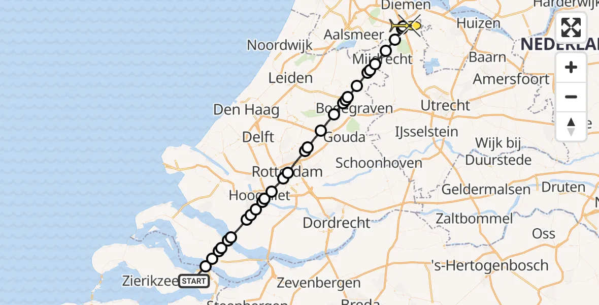 Routekaart van de vlucht: Lifeliner 2 naar Academisch Medisch Centrum (AMC)