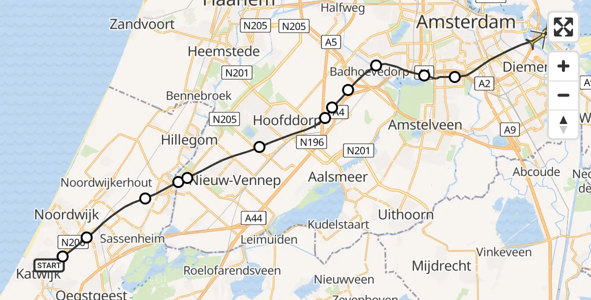 Routekaart van de vlucht: Lifeliner 1 naar Amsterdam