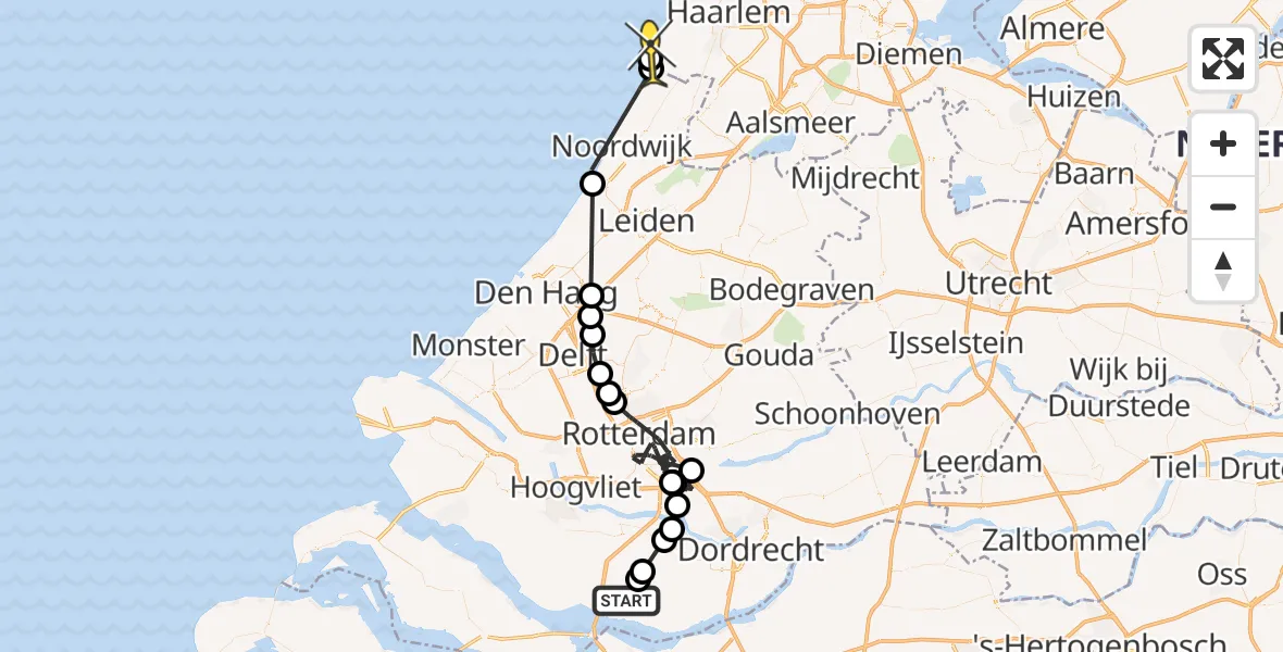 Routekaart van de vlucht: Politiehelikopter naar Zandvoort