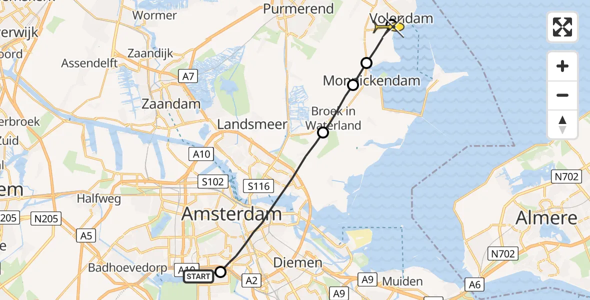 Routekaart van de vlucht: Lifeliner 1 naar Volendam