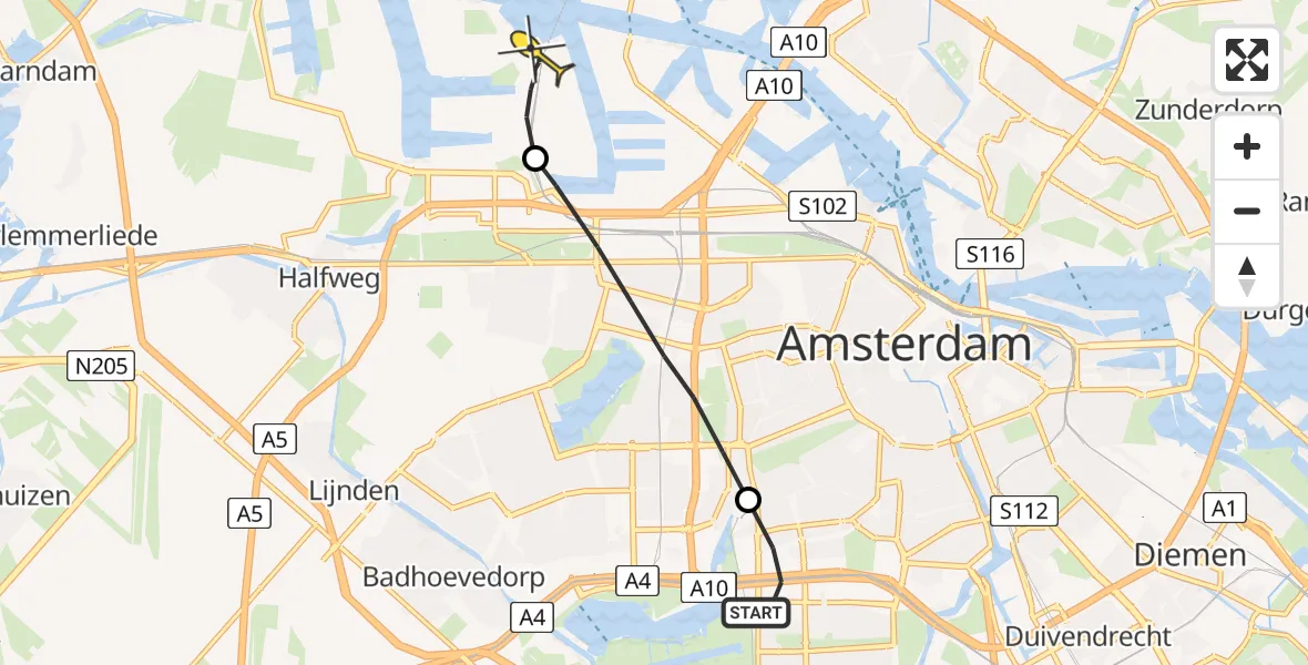 Routekaart van de vlucht: Lifeliner 1 naar Amsterdam Heliport