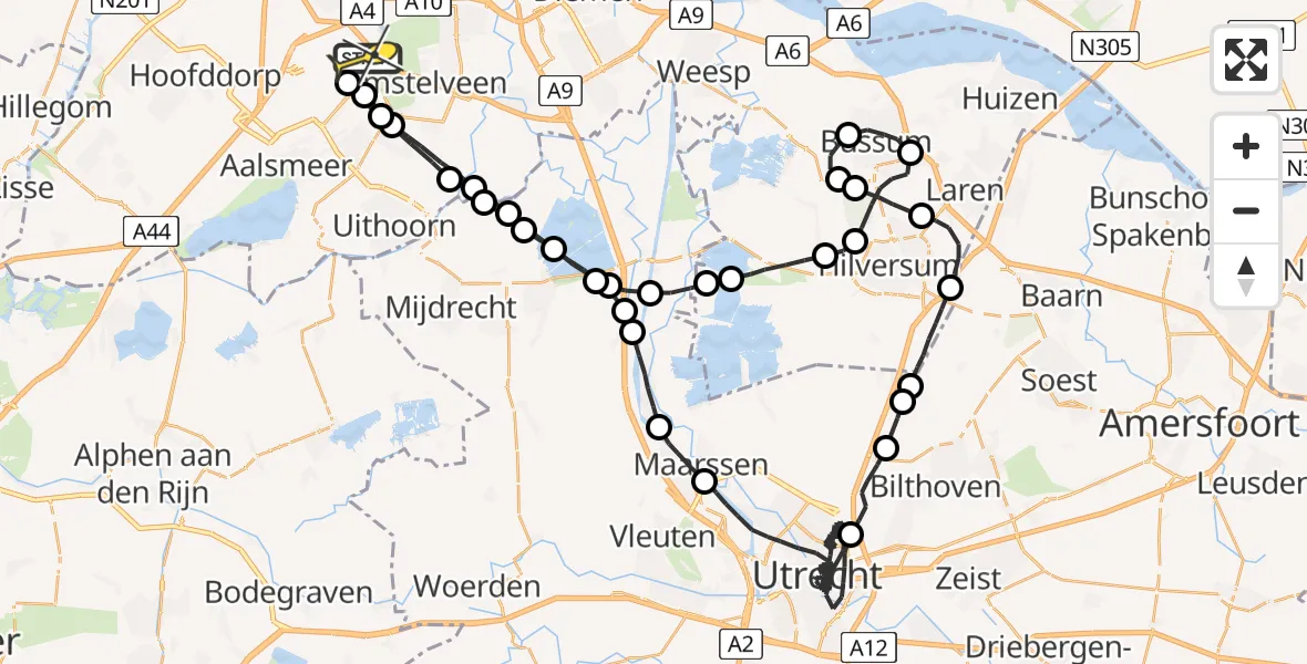 Routekaart van de vlucht: Politieheli naar Schiphol