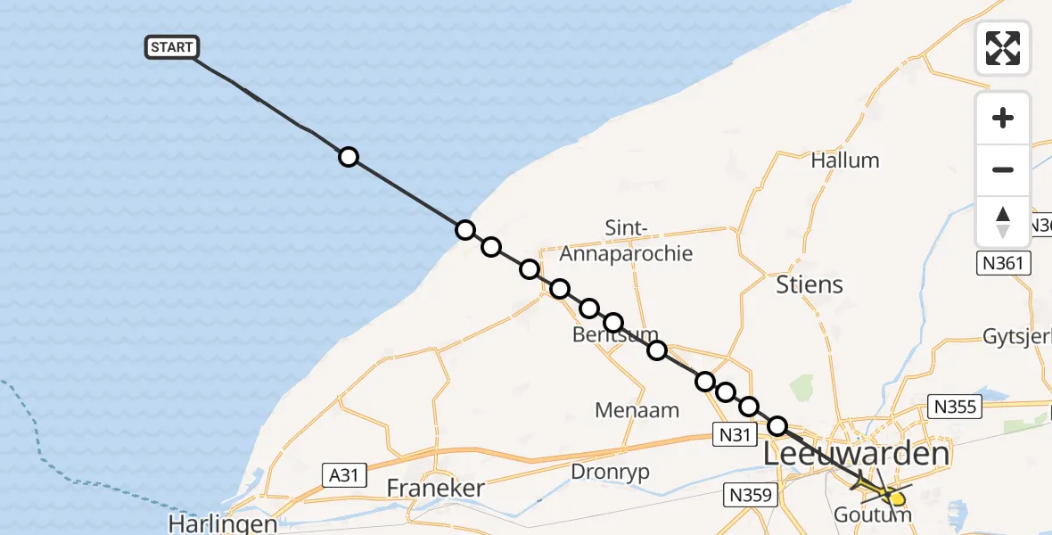 Routekaart van de vlucht: Ambulanceheli naar Leeuwarden
