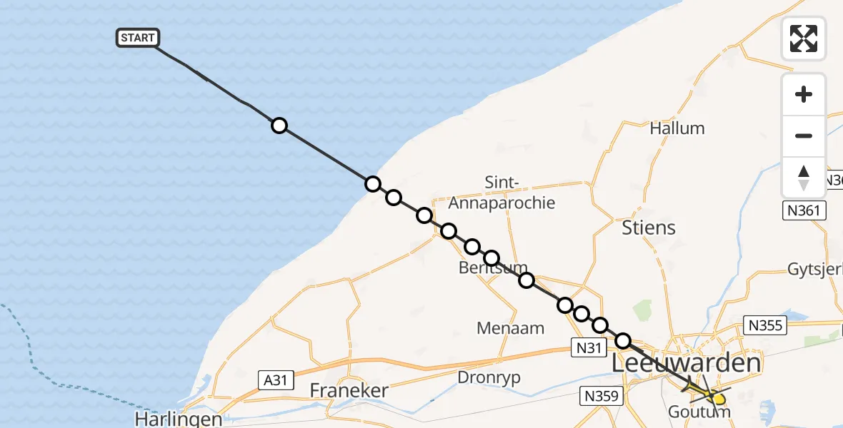 Routekaart van de vlucht: Ambulancehelikopter naar Leeuwarden