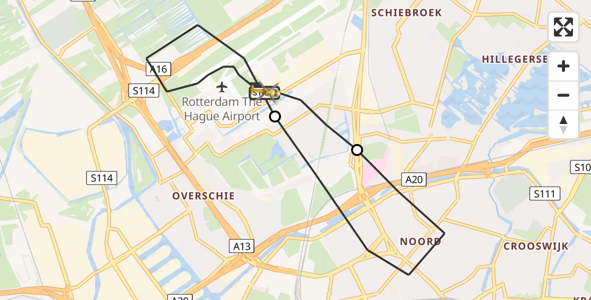 Vluchtroute Traumahelikopter Rotterdam The Hague Airport - Rotterdam The Hague Airport, 30 april 2023, 21:47