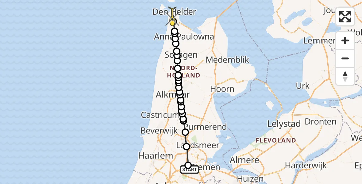 Routekaart van de vlucht: Lifeliner 1 naar Den Helder