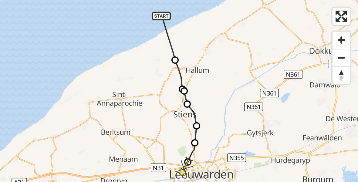 Routekaart van de vlucht: Ambulancehelikopter naar Leeuwarden