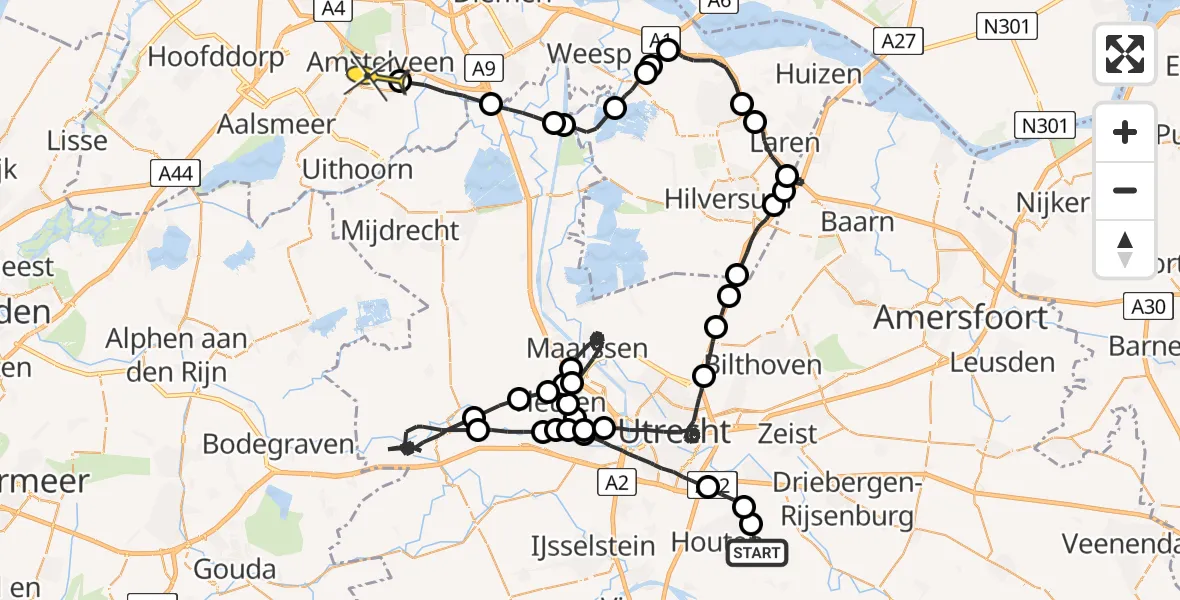 Routekaart van de vlucht: Politieheli naar Amstelveen