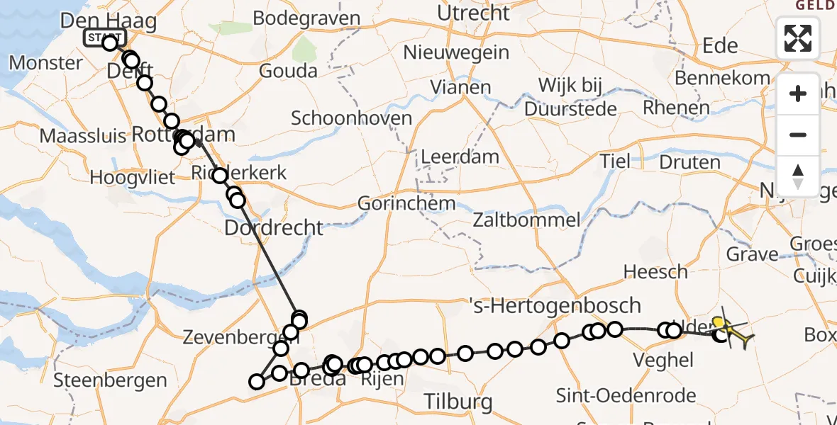 Routekaart van de vlucht: Politieheli naar Vliegbasis Volkel