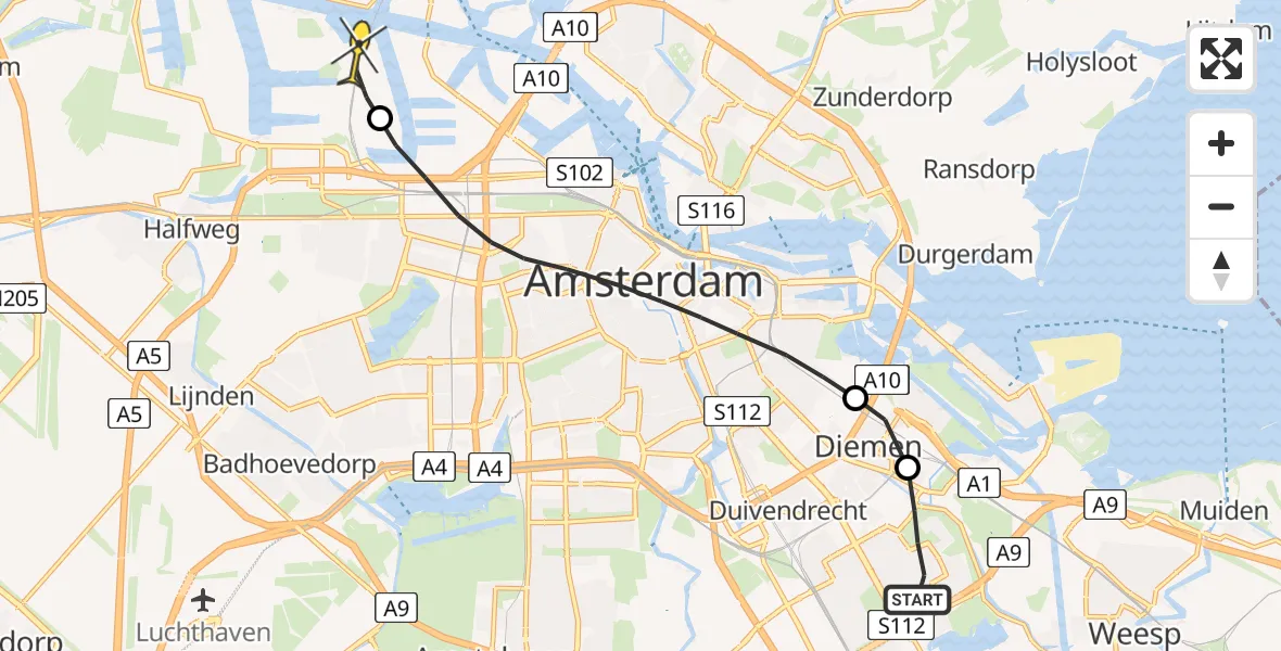 Routekaart van de vlucht: Lifeliner 1 naar Amsterdam Heliport