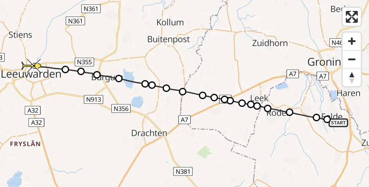 Routekaart van de vlucht: Lifeliner 4 naar Leeuwarden