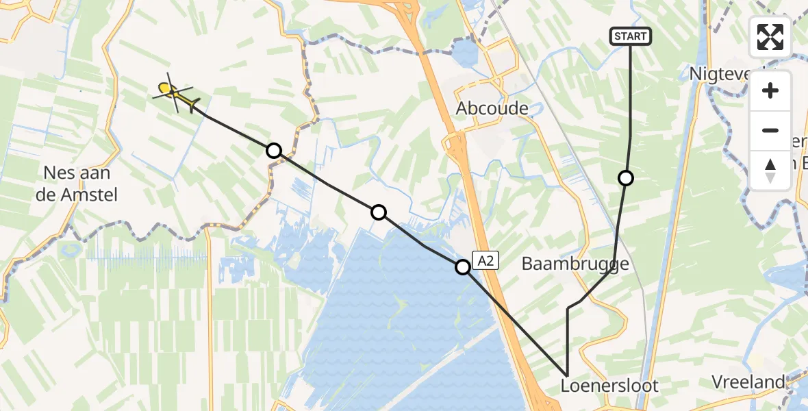 Routekaart van de vlucht: Politiehelikopter naar Ouderkerk aan de Amstel