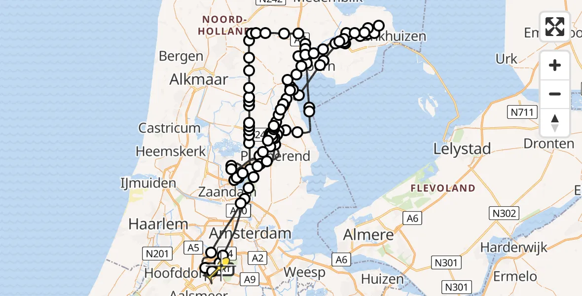 Routekaart van de vlucht: Politieheli naar Schiphol