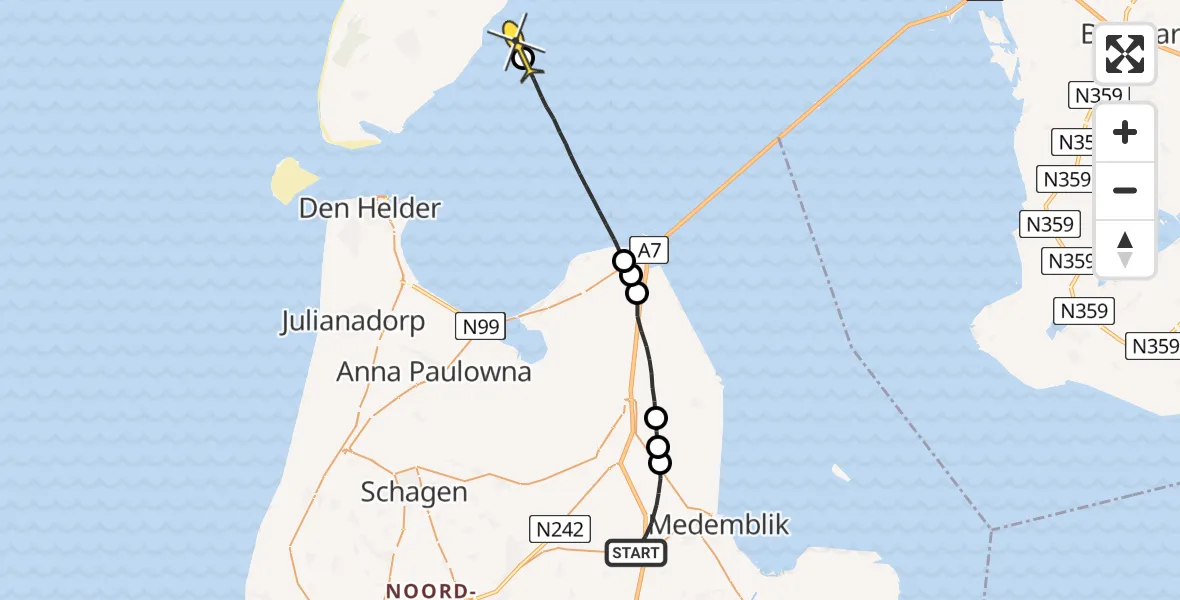 Routekaart van de vlucht: Politieheli naar Oudeschild